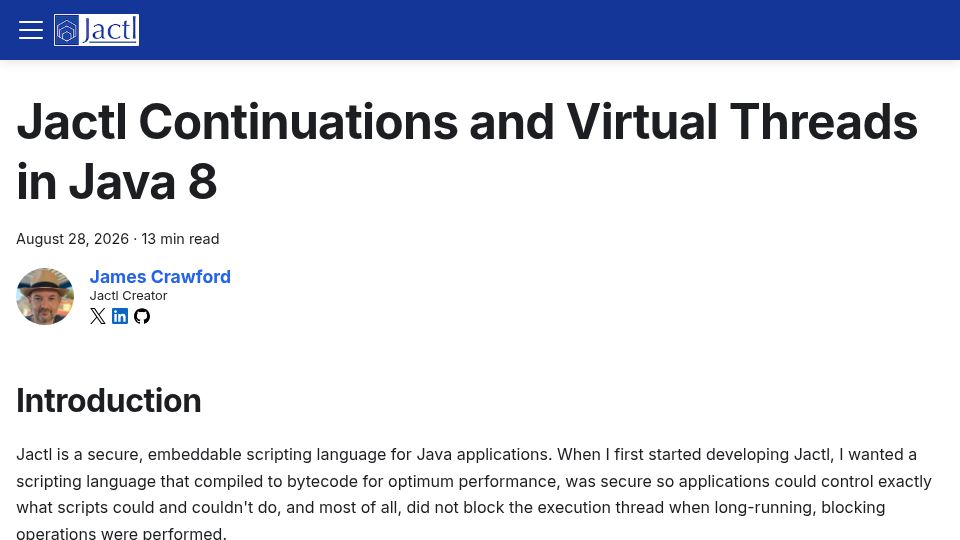 Screenshot of jactl.io: Virtual Threads for a scripting language in Java 8 without Loom