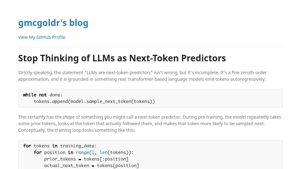 Screenshot of gmcgoldr.github.io: “Next-token predictor” is the wrong mental model for LLMs