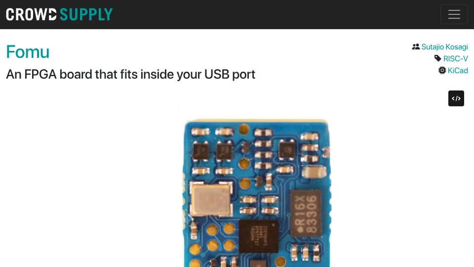 Screenshot of crowdsupply.com: Fomu An FPGA board that fits inside your USB port