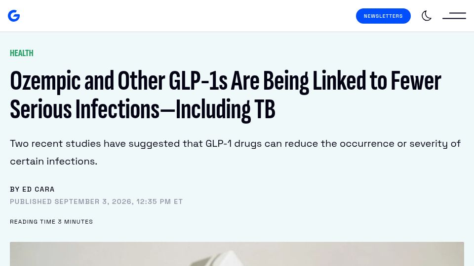 Screenshot of gizmodo.com: GLP-1s are being linked to fewer serious infections, including TB