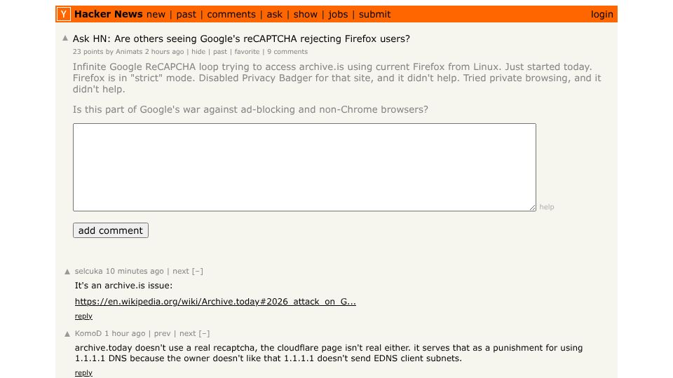 Screenshot of Hacker News post: Ask HN: Are others seeing Google's reCAPTCHA rejecting Firefox users?