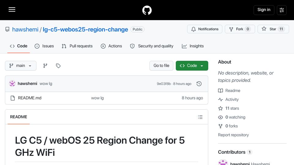 Screenshot of github.com: Restoring 5 GHz Wi-Fi on an LG C5 by changing its webOS region
