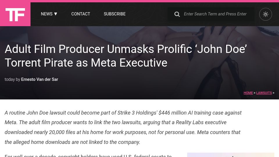 Screenshot of torrentfreak.com: Adult Film Producer Unmasks Prolific 'John DOE' Torrent Pirate as Meta Executive