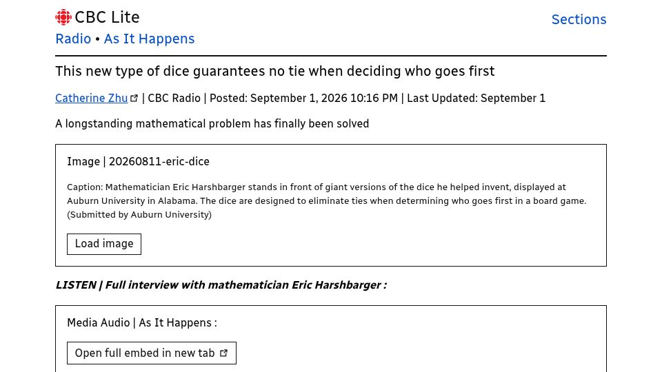 Screenshot of cbc.ca: New type of dice guarantees no tie when deciding who goes first