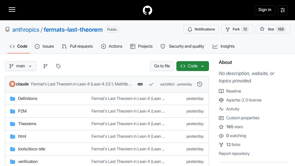 Screenshot of github.com: Fermat's Last Theorem in Lean 4