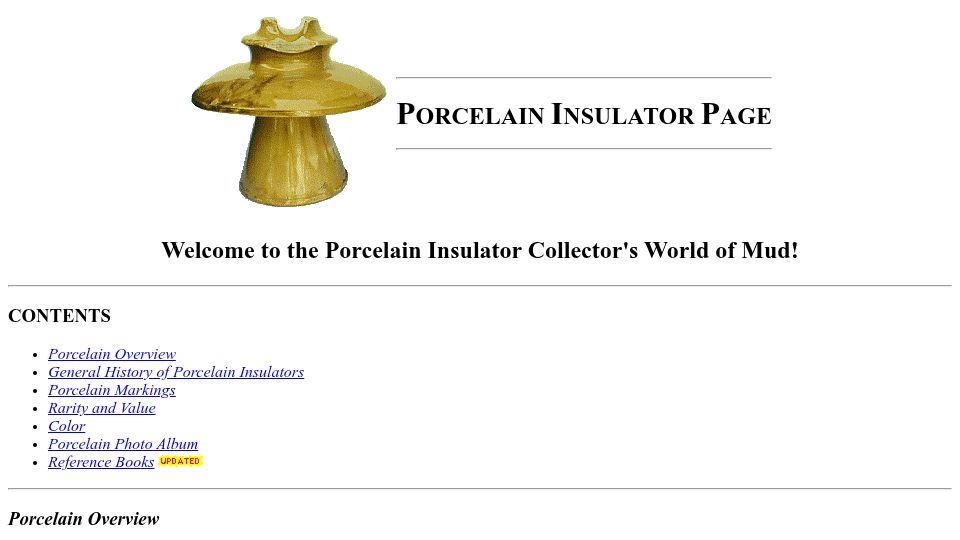 Screenshot of insulators.info: Welcome to the Porcelain Insulator Collector's World of Mud