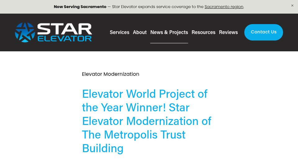 Screenshot of starelevator.com: Elevator of the Year: Modernization of the Metropolis Trust Building