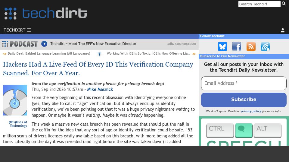 Screenshot of techdirt.com: Hackers Had a Live Feed of Every ID Verification Company Scanned for over a Year