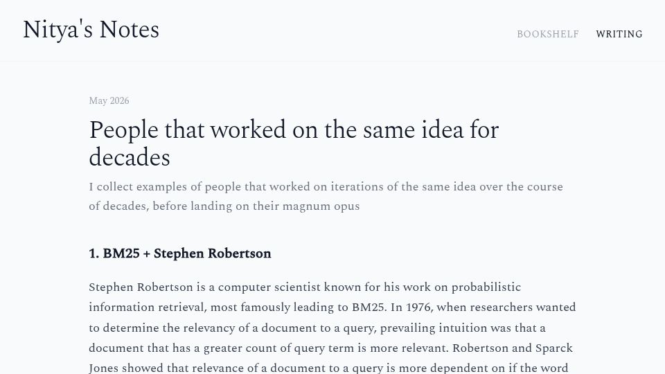 Screenshot of nityasnotes.com: People that worked on the same idea for decades