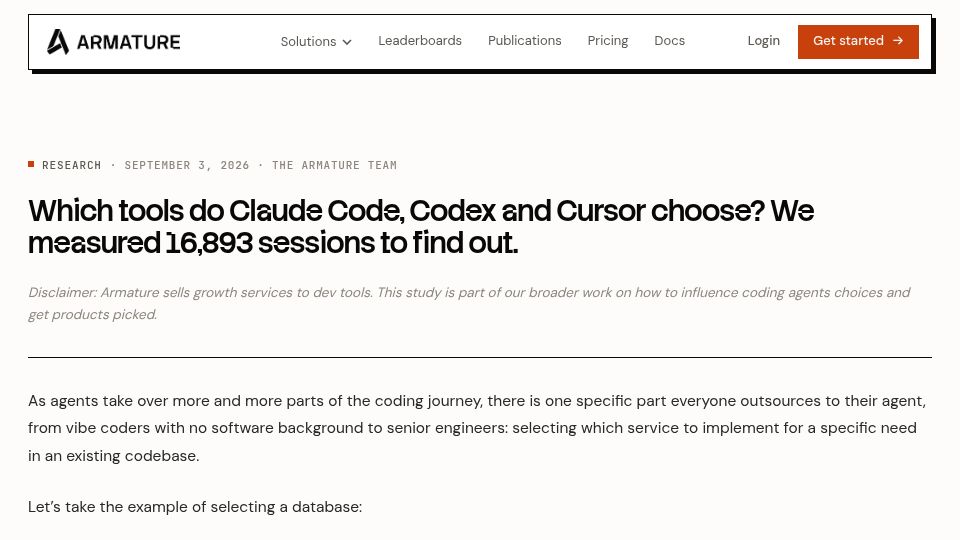 Screenshot of armature.tech: Which tools do Claude, Codex and Cursor choose? We measured 17k runs to find out