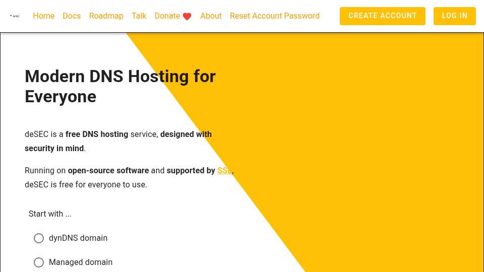 Screenshot of desec.io: deSEC – Free Secure DNS