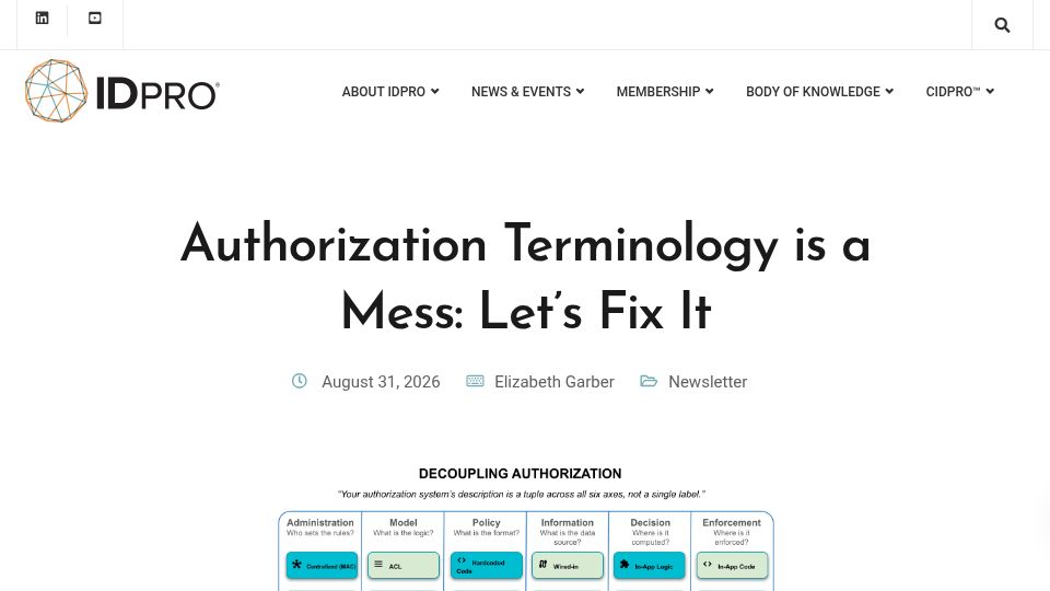 Screenshot of idpro.org: Authorization terminology is a mess: Let's fix it