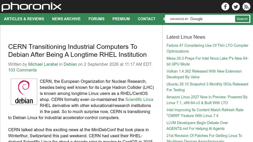 Screenshot of phoronix.com: CERN Transitioning Computers To Debian After Being A Longtime RHEL Institution