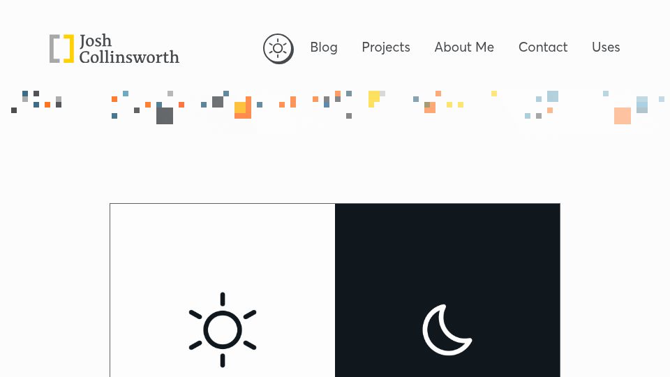 Screenshot of joshcollinsworth.com: In defense of two-state theme toggles