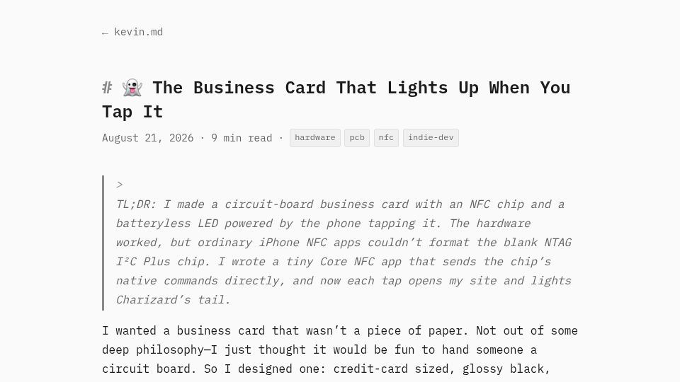 Screenshot of kevin.md: A PCB business card with a batteryless LED, powered by the phone that taps it
