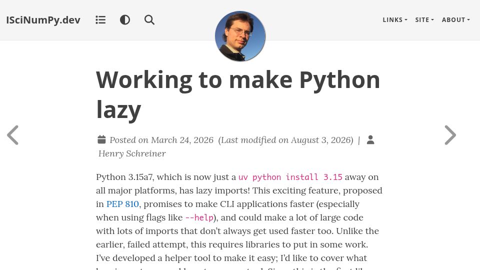 Screenshot of iscinumpy.dev: Working to Make Python Lazy