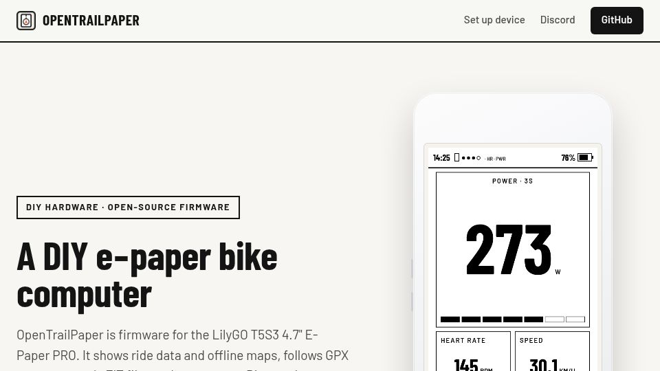 Screenshot of opentrailpaper.com: Show HN: Open-Source eInk Bike Computer