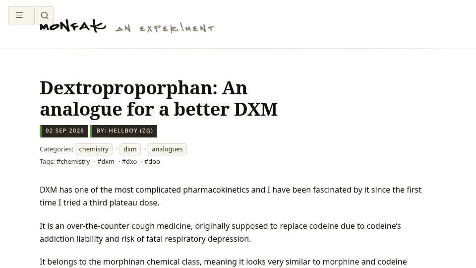 Screenshot of monfak.top: Dextroproporphan: An Analogue for a Better Dextromethorphan?