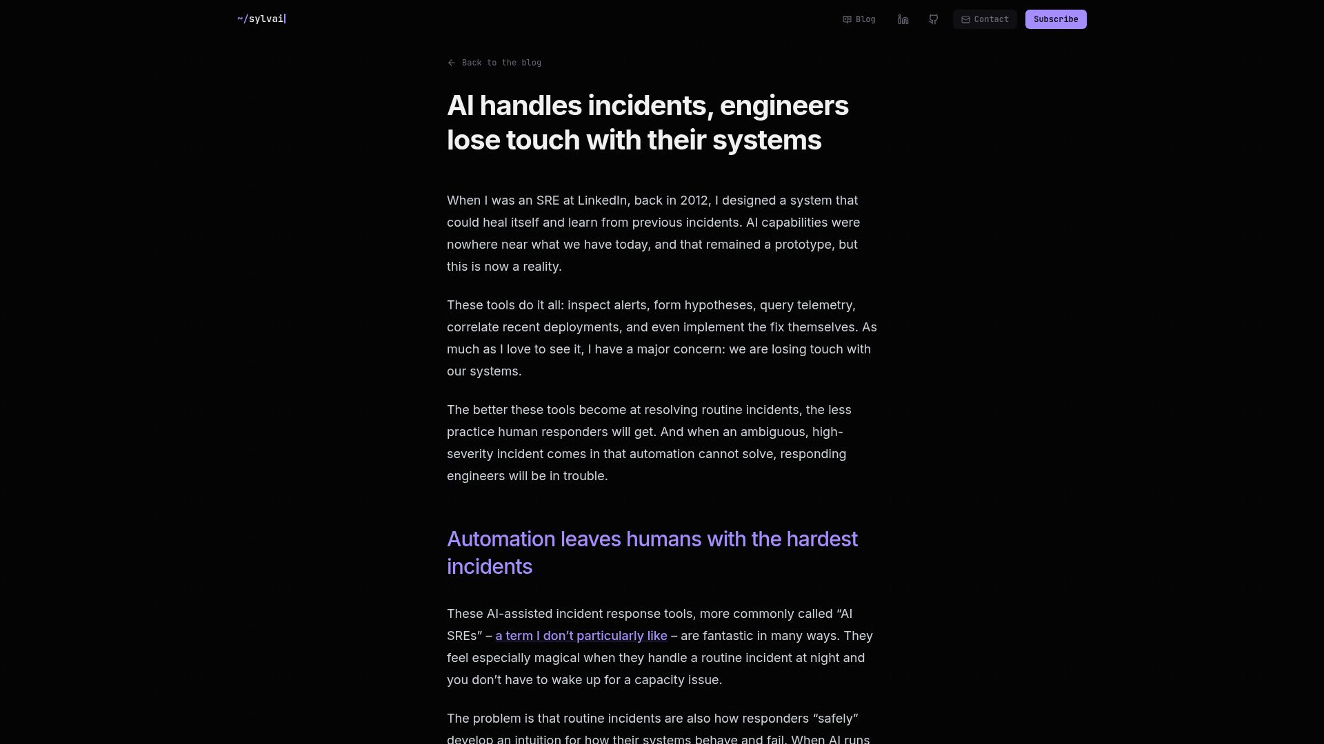 Screenshot of sylvainkalache.com: AI handles incidents, engineers lose touch with their systems