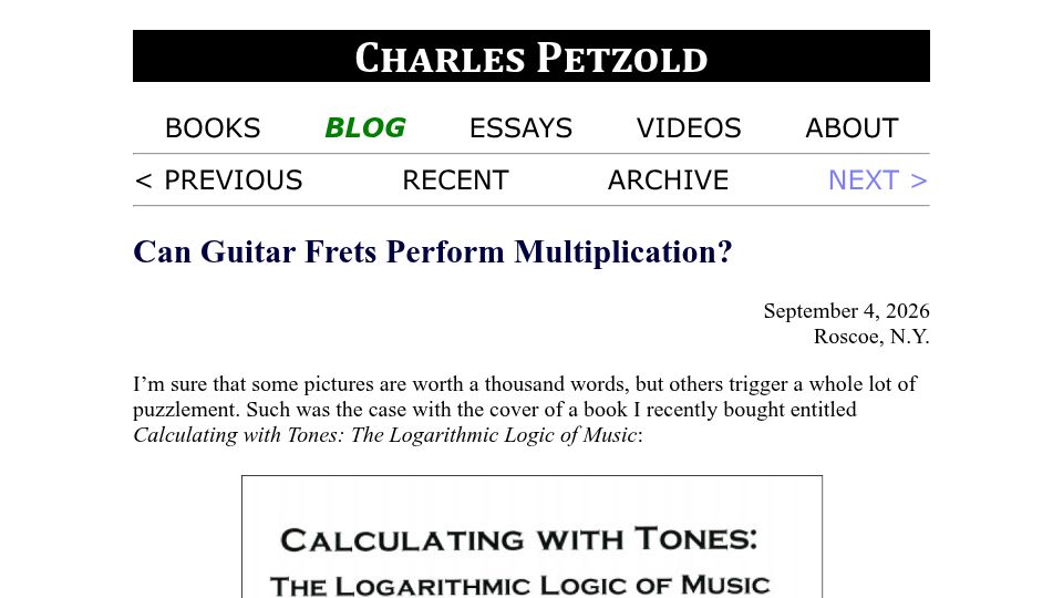 Screenshot of charlespetzold.com: Can guitar frets perform multiplication?
