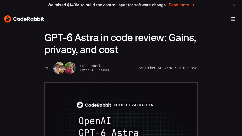 Screenshot of coderabbit.ai: GPT-6 Astra in code review: Gains, privacy, and cost