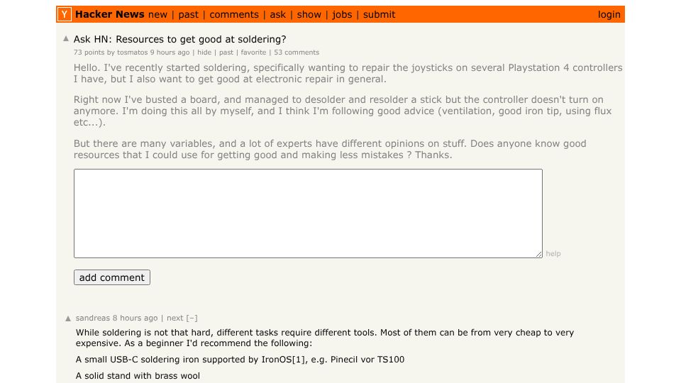 Screenshot of Hacker News post: Ask HN: Resources to get good at soldering?