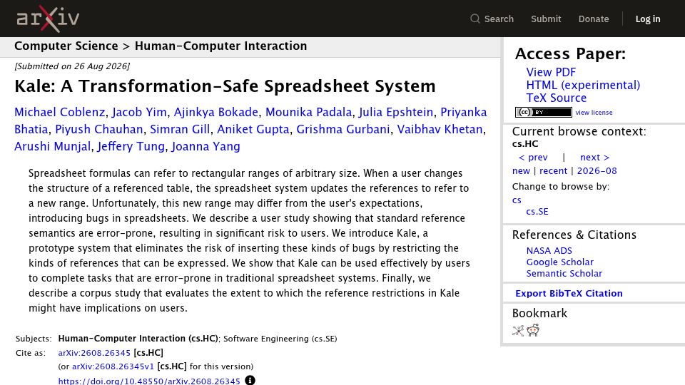 Screenshot of arxiv.org: Kale: A Transformation-Safe Spreadsheet System