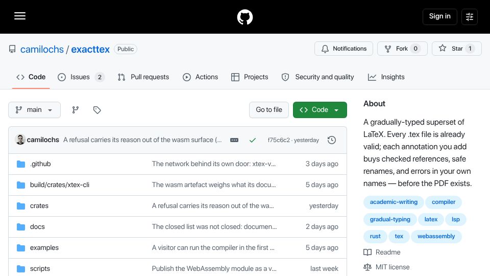 Screenshot of github.com: ExactTex. A gradually-typed superset of LaTeX
