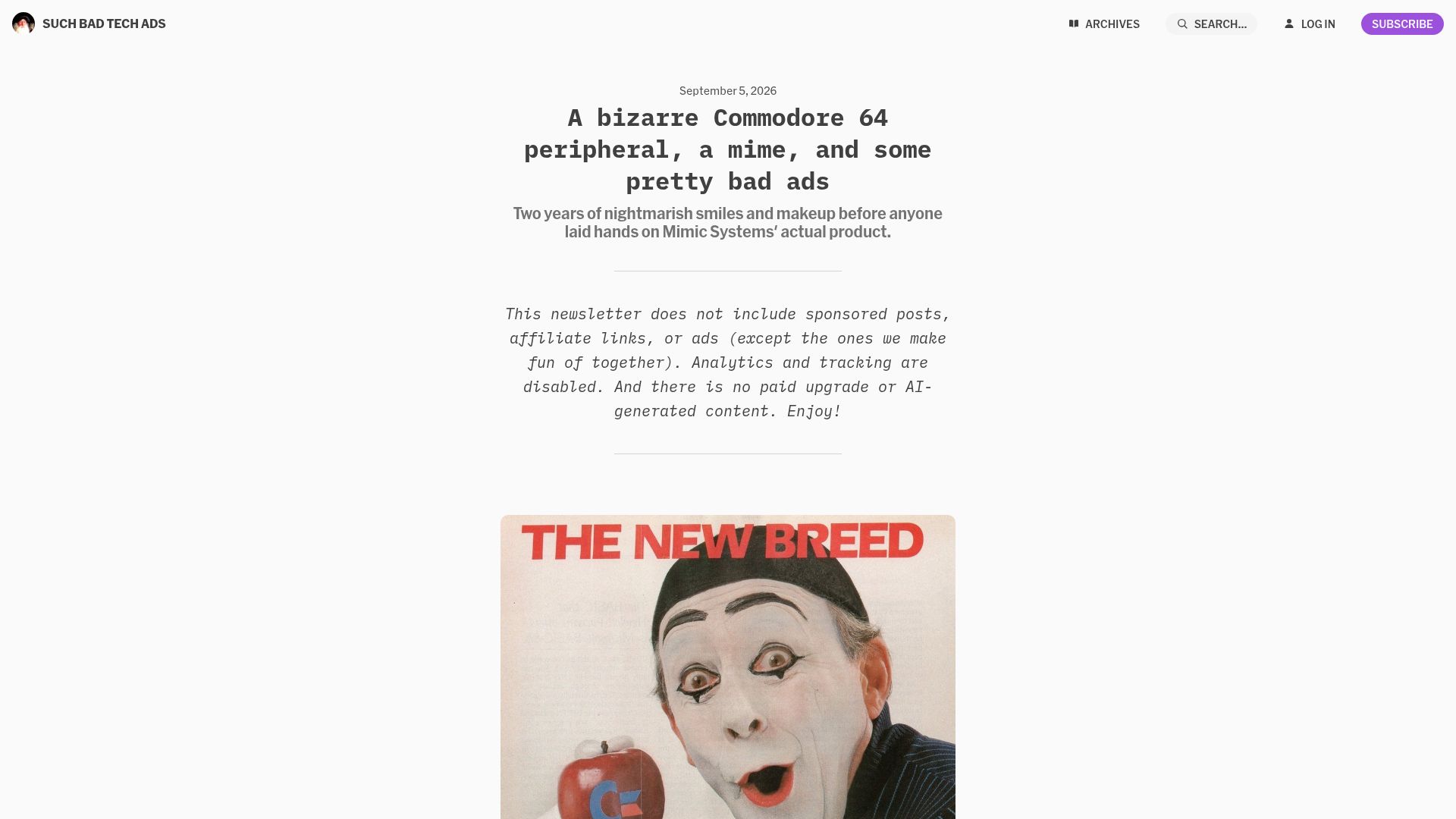 Screenshot of buttondown.com: A bizarre Commodore 64 peripheral, a mime, and some pretty bad ads