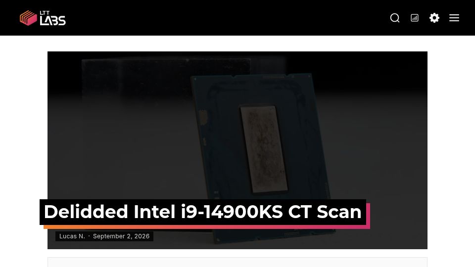 Screenshot of lttlabs.com: Delidded Intel I9-14900KS CT Scan