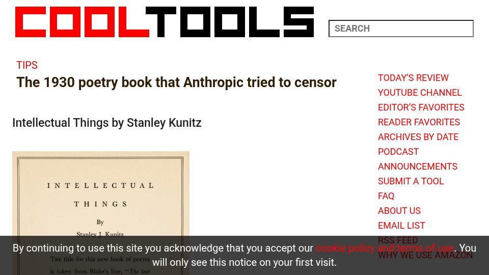 Screenshot of kk.org: Poetry book that Anthropic tried to censor