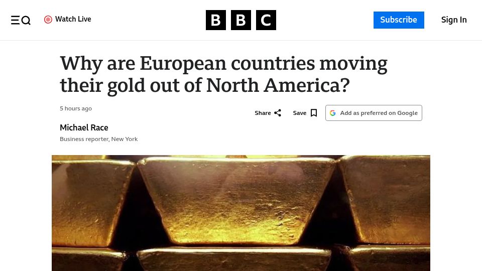 Screenshot of bbc.com: Why are European countries moving their gold out of North America?