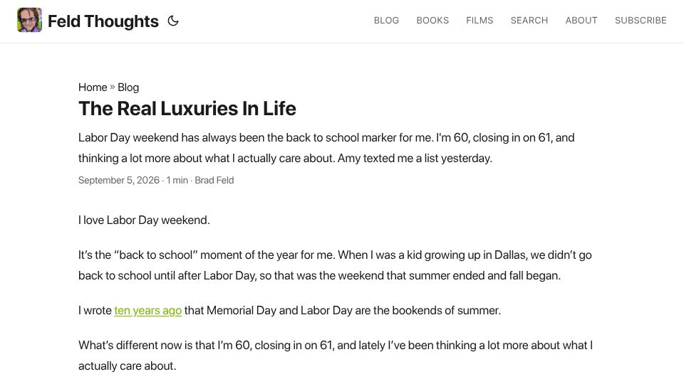 Screenshot of feld.com: The Real Luxuries In Life