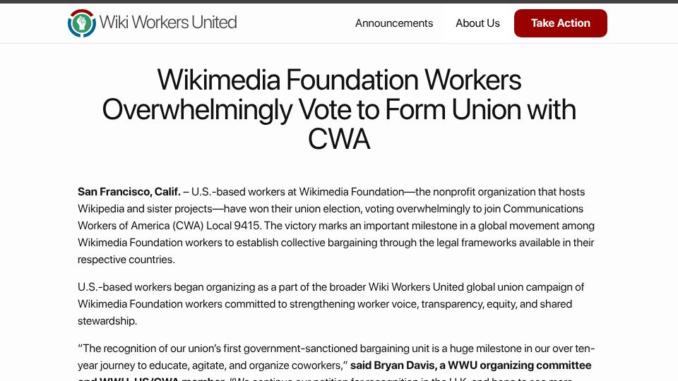 Screenshot of wikiworkersunited.org: Wikimedia Foundation Workers Overwhelmingly Vote to Form Union with CWA