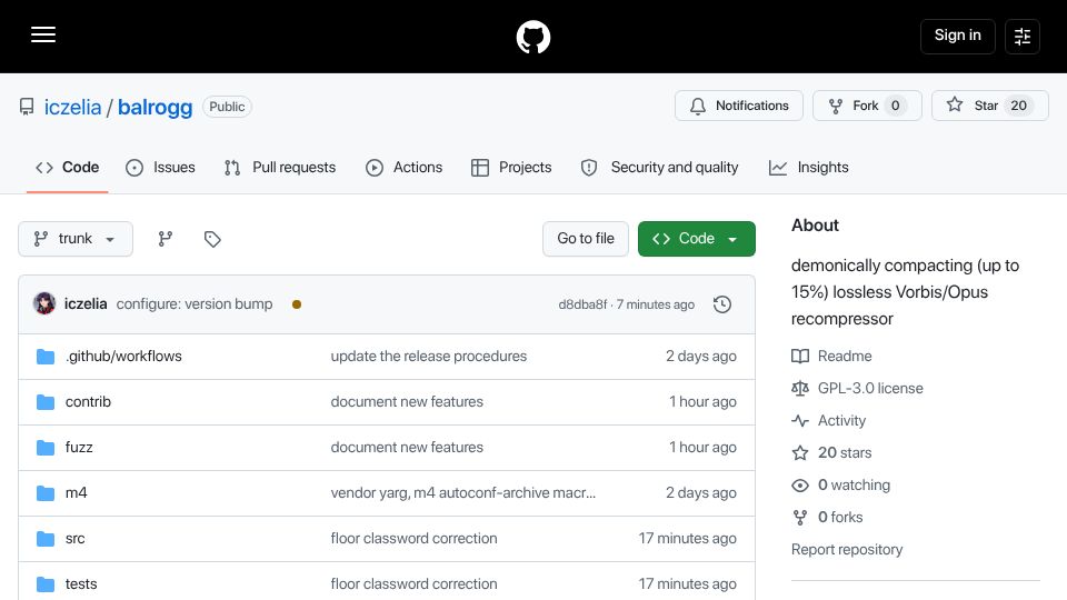 Screenshot of github.com: Balrogg: Demonically compacting (up to 15%) lossless Vorbis/Opus recompressor