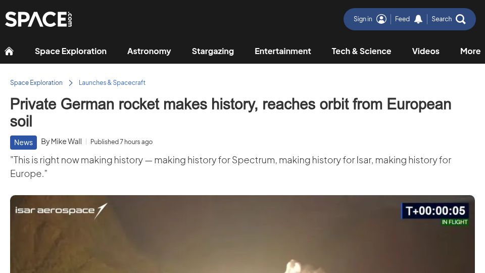 Screenshot of space.com: Private German rocket makes history, reaches orbit from European soil