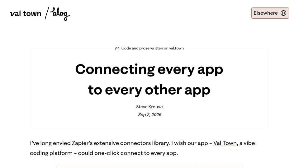 Screenshot of blog.val.town: Connecting every app to every other app