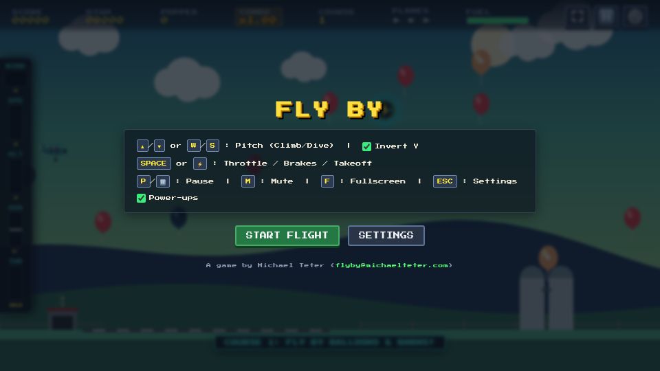 Screenshot of michaelteter.com: Show HN: Fly By – retro biplane flying game
