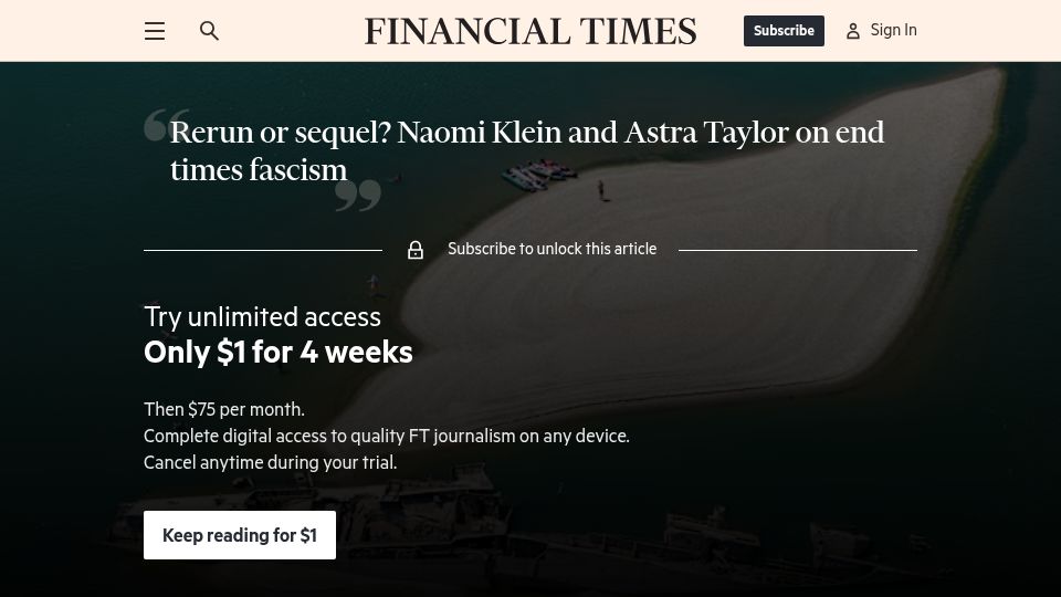 Screenshot of ft.com: Nationalists, theocrats and tech titans turned their backs on the future
