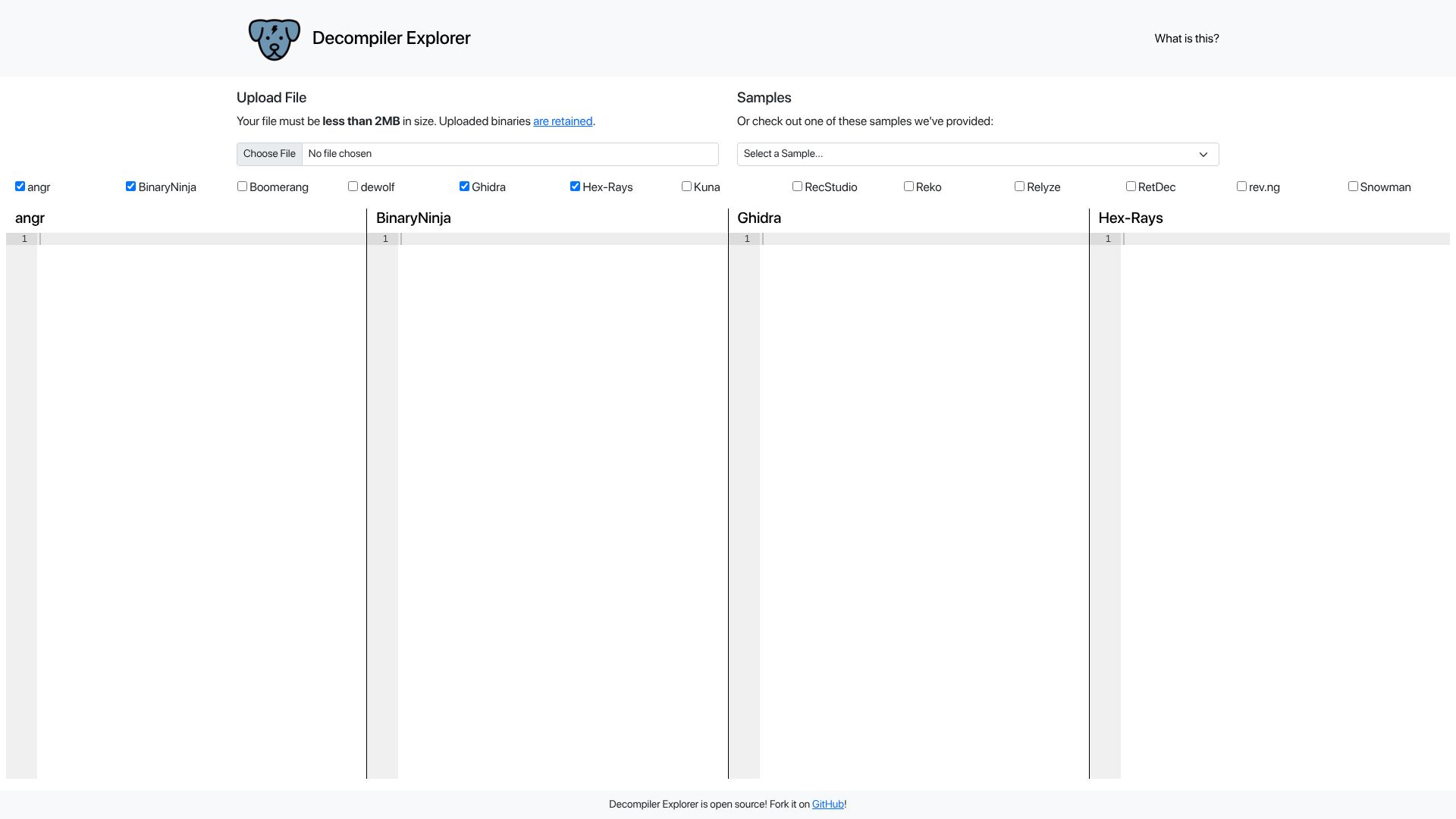 Screenshot of dogbolt.org: Decompiler Explorer
