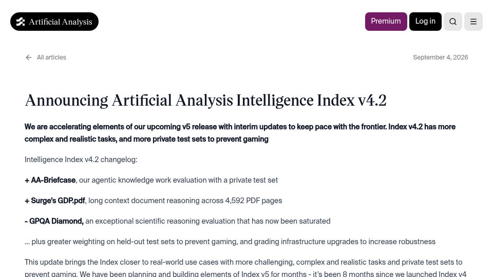 Screenshot of artificialanalysis.ai: Artificial Analysis Intelligence Index v4.2