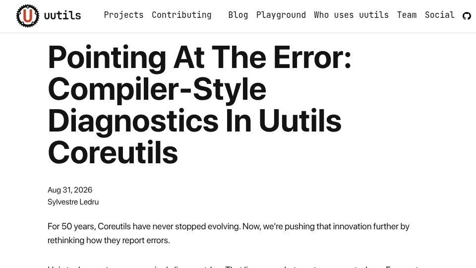 Screenshot of uutils.org: Pointing at the error: compiler-style diagnostics in uutils coreutils