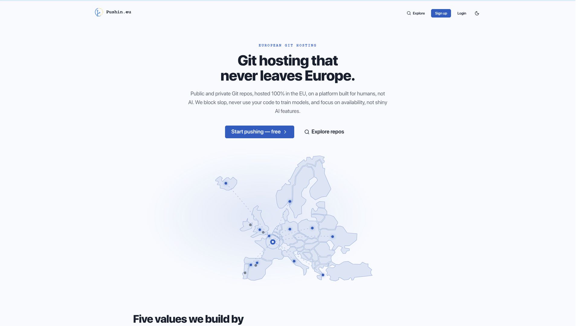 Screenshot of pushin.eu: Git hosting that never leaves Europe