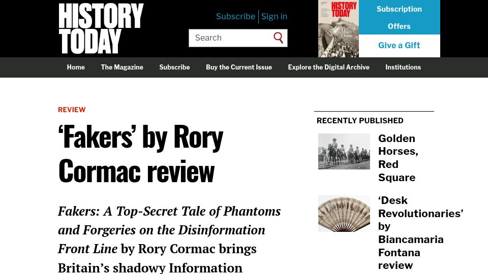 Screenshot of historytoday.com: 'Fakers' by Rory Cormac Review