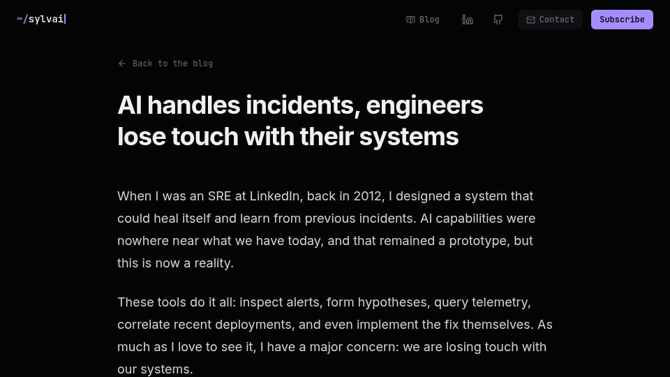 Screenshot of sylvainkalache.com: AI handles incidents, engineers lose touch with their systems