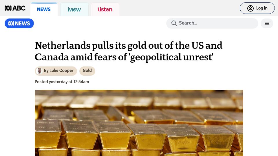 Screenshot of abc.net.au: Netherlands pulls gold out of the US