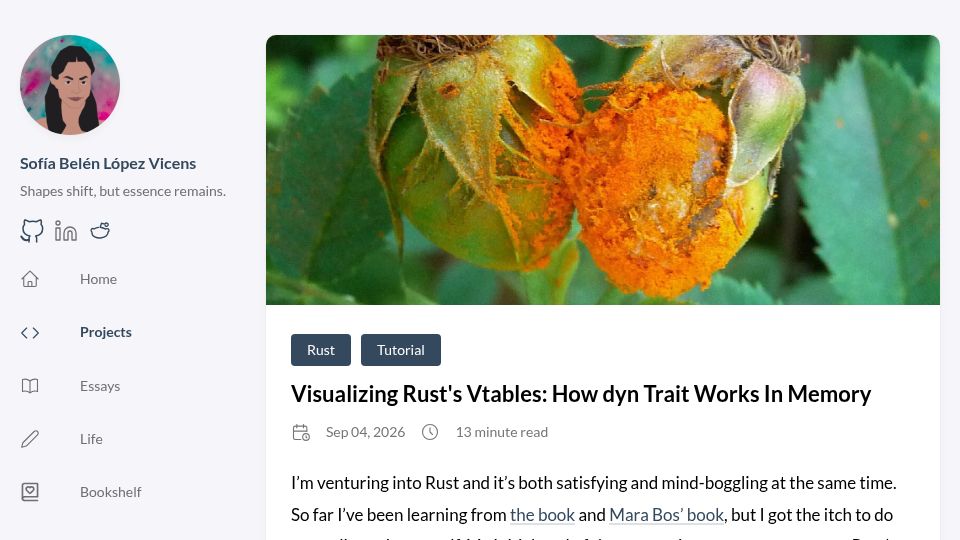 Screenshot of sofiabelen.github.io: Visualizing Rust's Vtables: How dyn Trait Works In Memory
