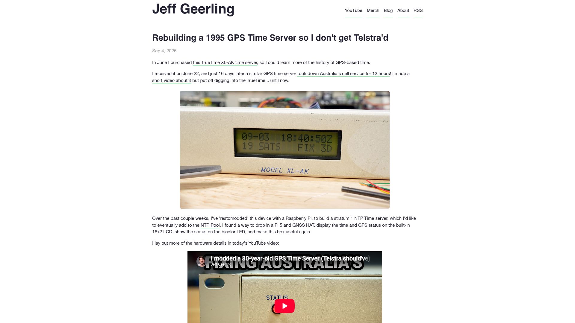 Screenshot of jeffgeerling.com: Rebuilding a 1995 GPS Time Server so I don't get Telstra'd
