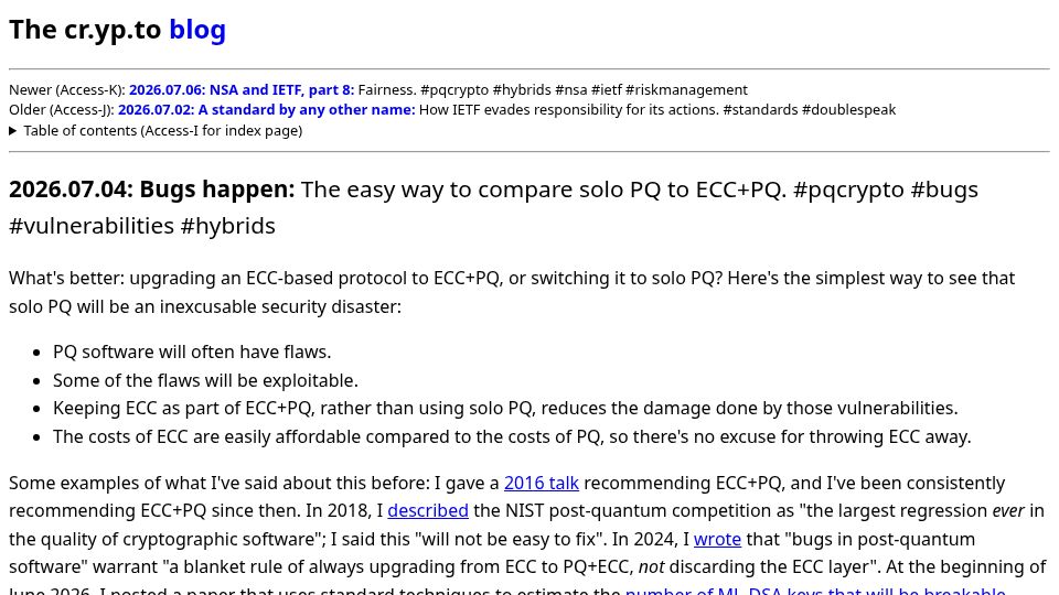 Screenshot of blog.cr.yp.to: Bugs happen: The easy way to compare solo PQ to ECC+PQ