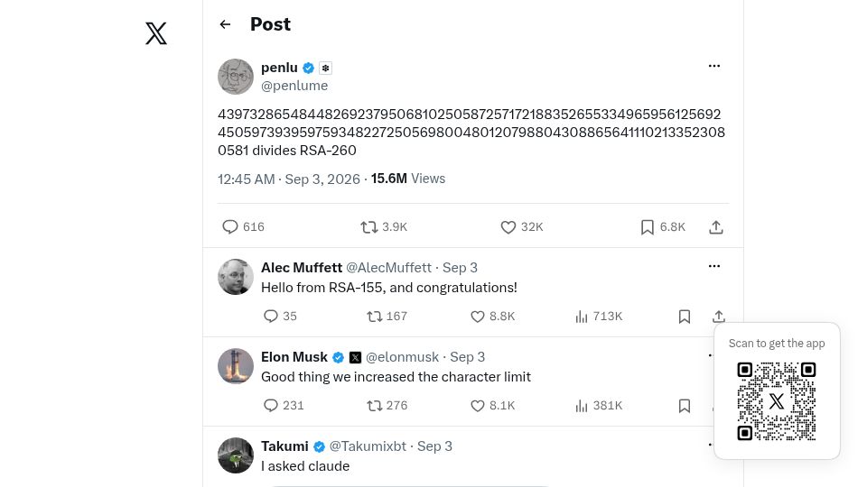 Screenshot of twitter.com: RSA-260 Factorized